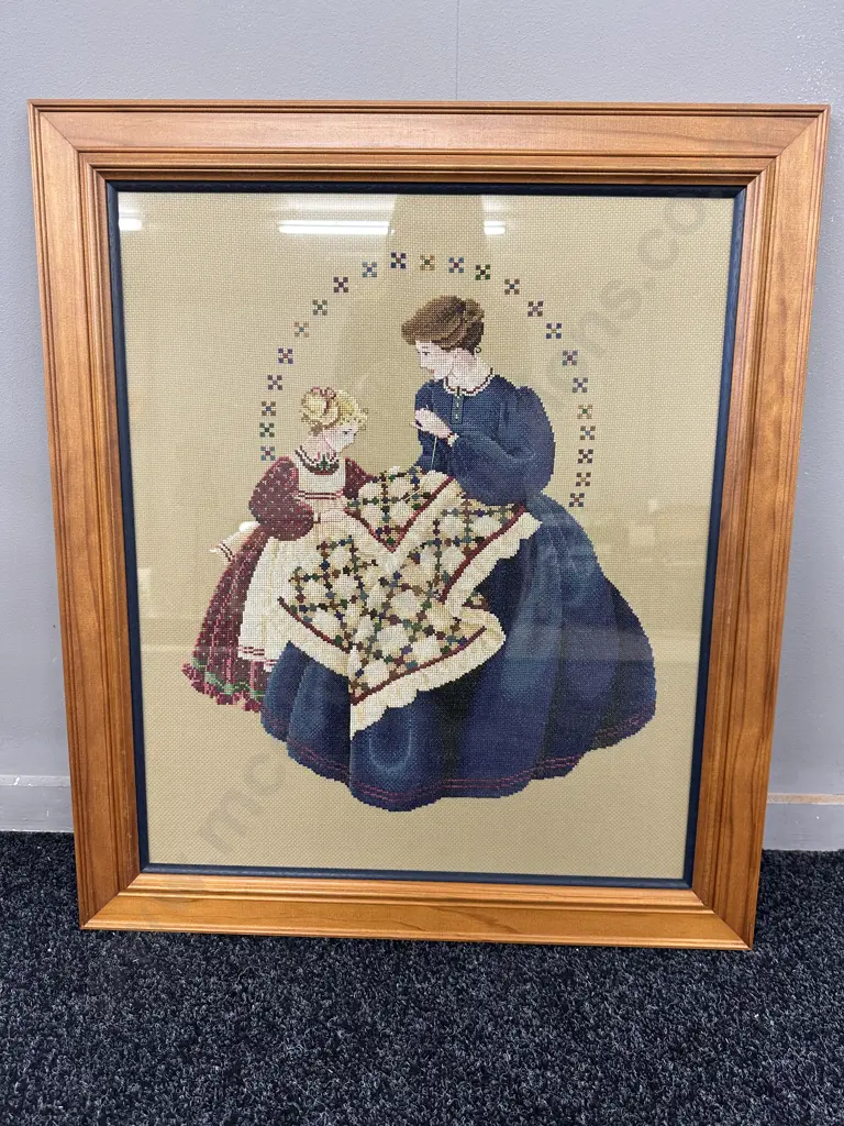 Framed Tapestry Lady & Girl Needle Work, 67 x 59cm Image 1++