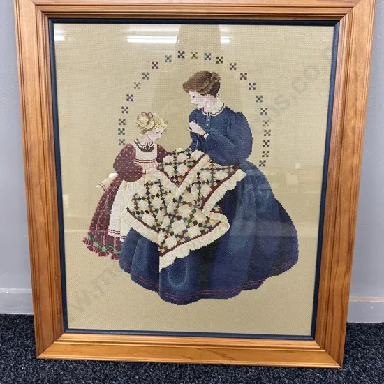 Framed Tapestry Lady & Girl Needle Work, 67 x 59cm