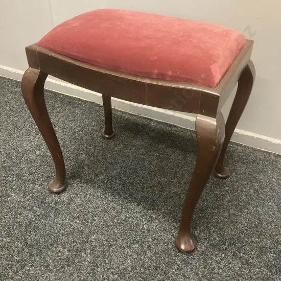 Queen Anne Mahogany Dressing Table / Piano Stool, Burgundy Draylon Fabric, H53 W54 D39.5cm