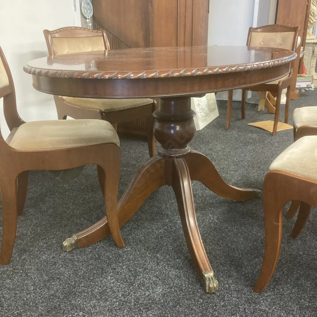 Oval Mahogany Dining Table With 4 Mushroom Colour Draylon Dining Chairs, H75 W134 D91cm Image 1++