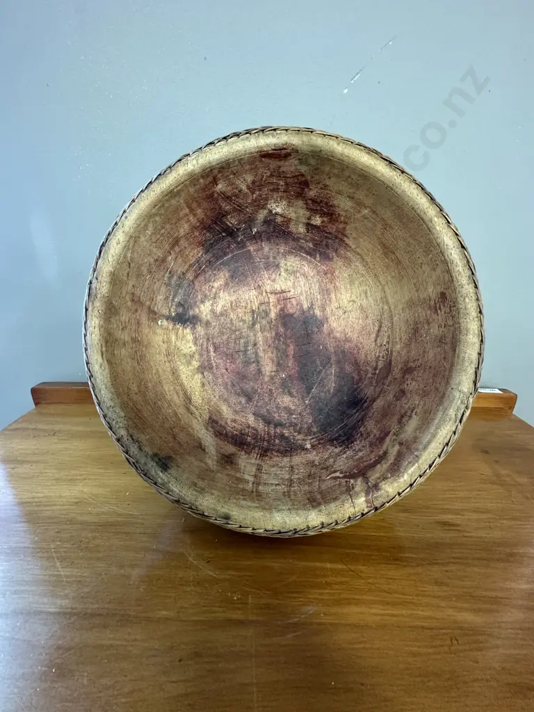 Vintage Footed Wooden Bowl, Plaited Detail On Rim, 16 x 30cm Image 1++