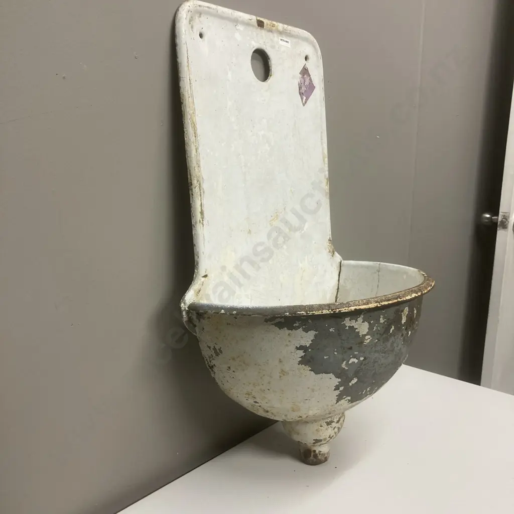 Antique Ornate Austrian Single Spout Wall Fountain, Original White Enamel With Rusty Accents. H73 W45 D25cm Image 1++