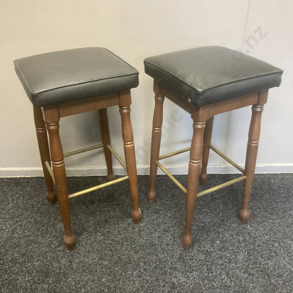 Pair of Mid century Bar Stools, Black Leather Seat, Brass? Footrests, H74 W36 D37cm Image 1++