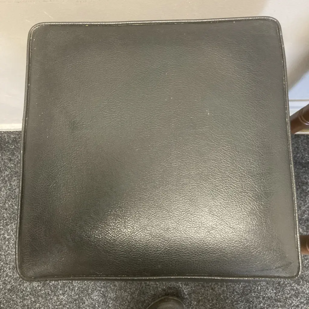 Pair of Mid century Bar Stools, Black Leather Seat, Brass? Footrests, H74 W36 D37cm Image 1++