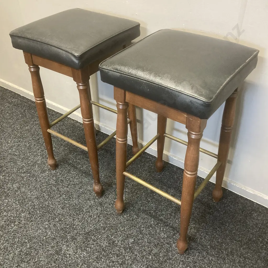 Pair of Mid century Bar Stools, Black Leather Seat, Brass? Footrests, H74 W36 D37cm Image 1++