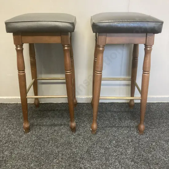 Pair of Mid century Bar Stools, Black Leather Seat, Brass? Footrests, H74 W36 D37cm