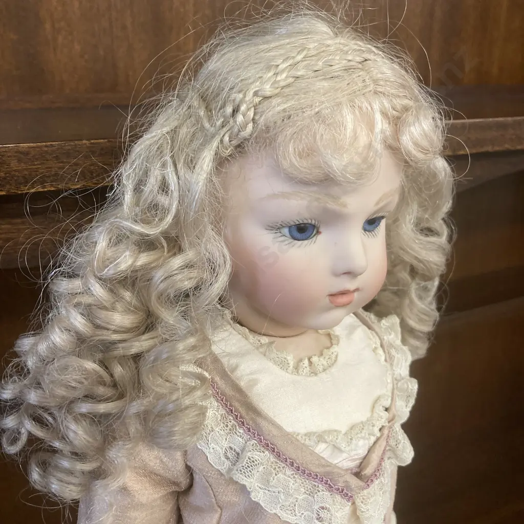 Porcelain Doll With Stand, Pink & Cream Clothing, H50cm Image 1++