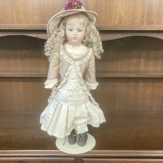 Porcelain Doll With Stand, Pink & Cream Clothing, H50cm