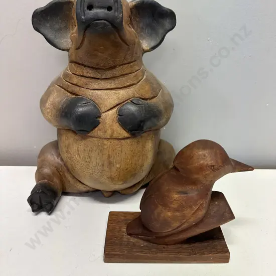 Decorative Wooden Pig & Bird Figurine H31cm & 14cm