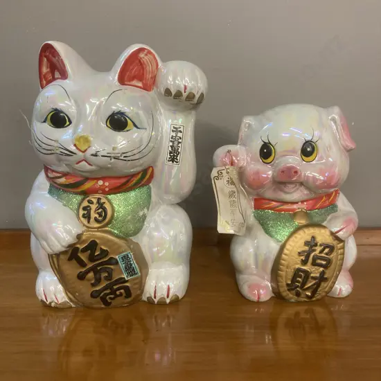 Japanese Maneki Neko Cermic Cat & Pig Money Box / Figurines, H20 & 26cm