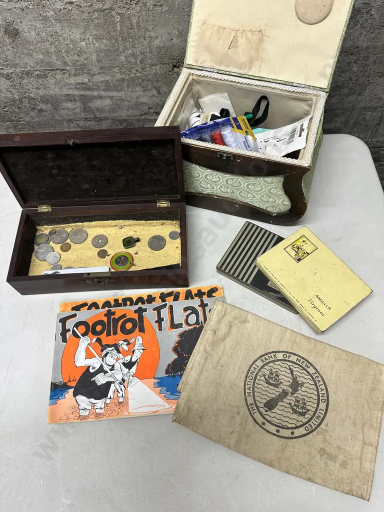 Selection of Vintage Items, Haberdashery Box, Wooden Box, Coins Etc Image 1++