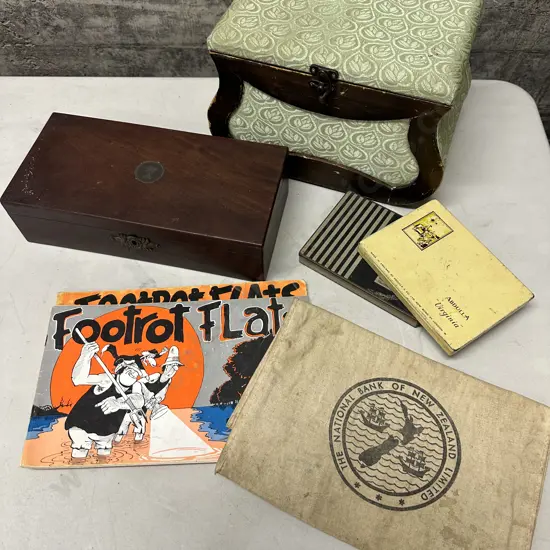 Selection of Vintage Items, Haberdashery Box, Wooden Box, Coins Etc