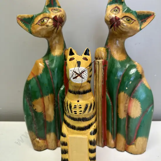 Wooden Cat Figurine x3 H32cm,H20cm.