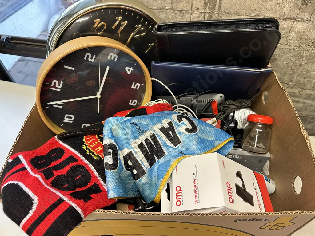 Box Lot Clocks, Scarves, Cables Etc Image 1++