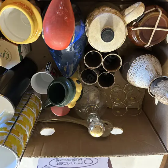 Box Of Decanters, Retro Cups, Ornament Etc