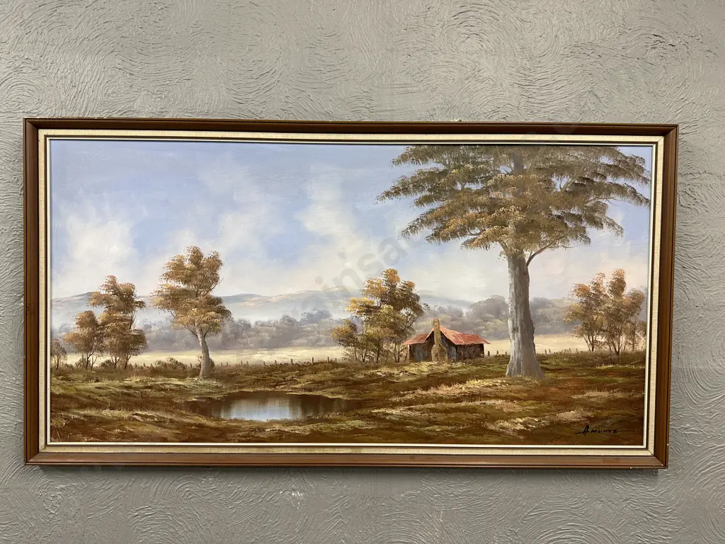 Vintage Framed Artwork Old Cottage Scene Signed, 67 x 125cm Image 1++