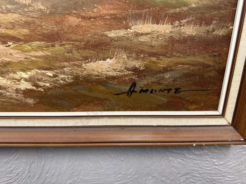 Vintage Framed Artwork Old Cottage Scene Signed, 67 x 125cm Image 1++