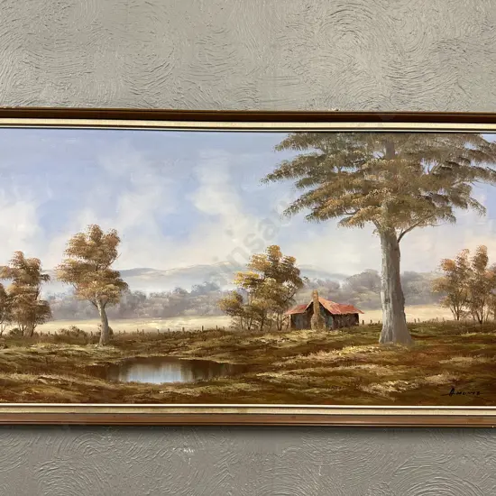 Vintage Framed Artwork Old Cottage Scene Signed, 67 x 125cm