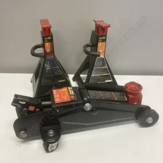 Pair of Team Mechanix 3 Ton Jack Stands & 2 Ton Floor Jack (No Handle)