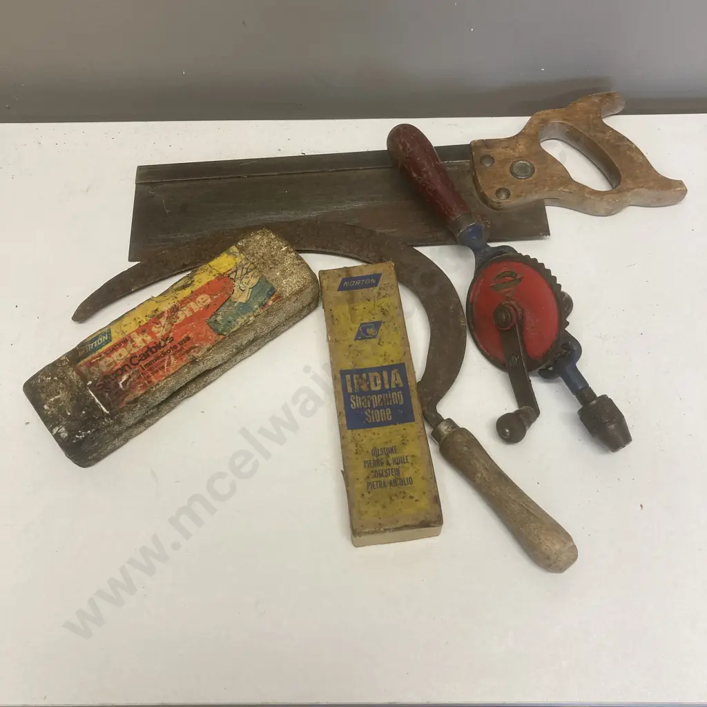 Disston Saw, Ahrems Drill, Sickle, 2 x Sharpening Stones Image 1++