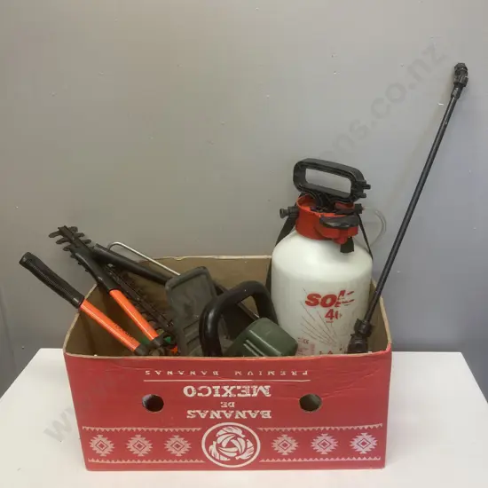 Box Lot Solo Sprayer, Hedge trimmer, Scissors, Garden Items Etc