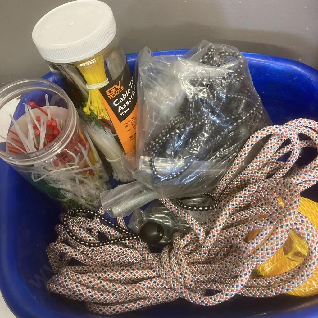 Blue Bin, Ropes, Cable Ties, 2 x 5L Red Plastic Fuel Containers Etc Image 1++