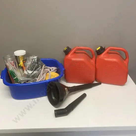 Blue Bin, Ropes, Cable Ties, 2 x 5L Red Plastic Fuel Containers Etc