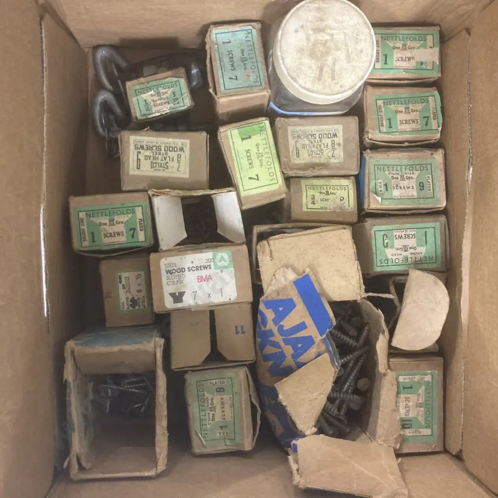 Box Lot Assorted Nettlefolds Furniture Screws, Hardware Etc Image 1++