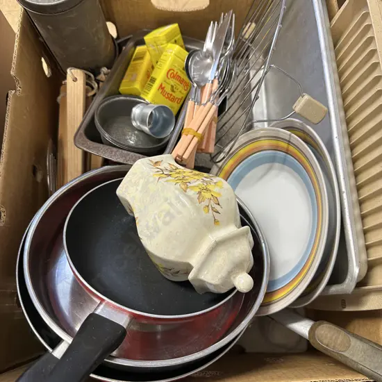 Box Of Vintage Items Including Pans, Tins, Etc