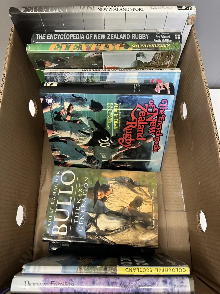 Box lot Books, Nz Rugby, Eventing, Scotland Etc Image 1++