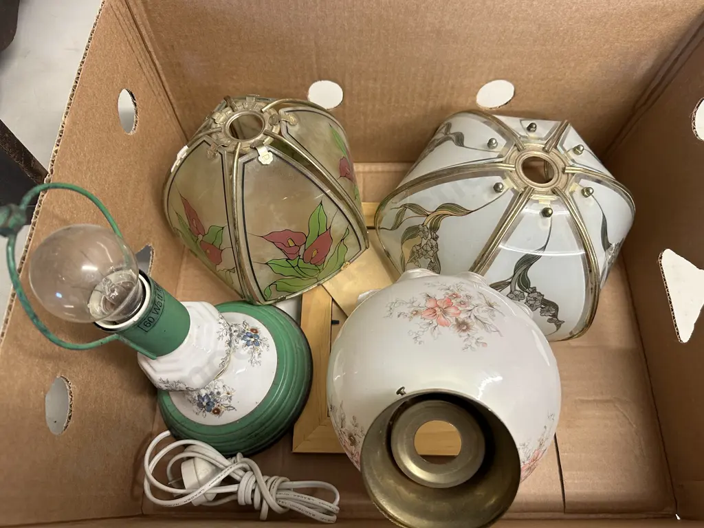 Box Lot Vintage Glass Shades & Touch Lamp Base Image 1++