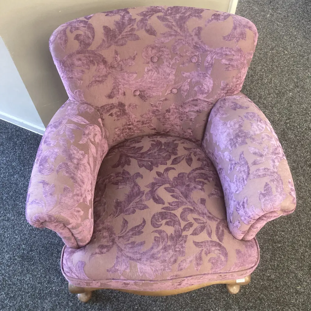 Vintage Armchair. Curved Button Back With Embossed Purple Fabric, Cabriole Legs Image 1++