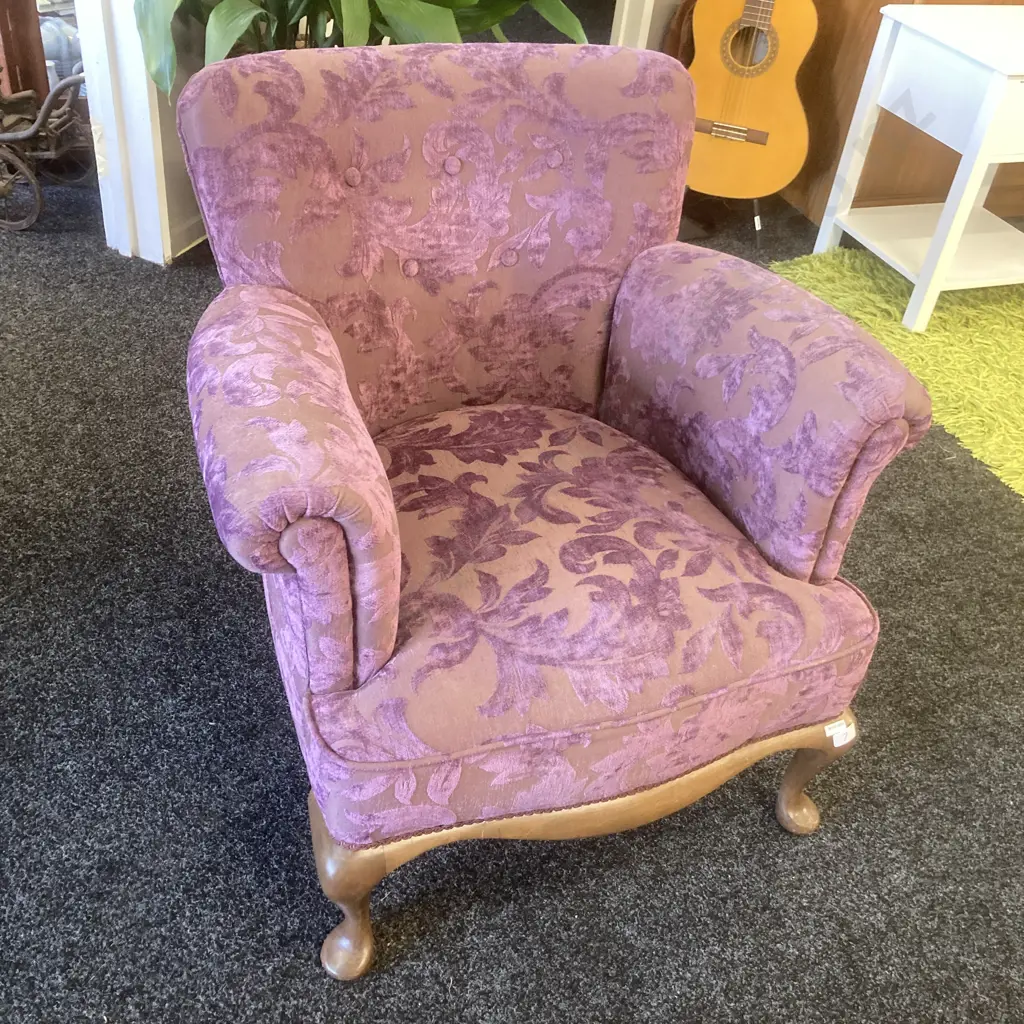 Vintage Armchair. Curved Button Back With Embossed Purple Fabric, Cabriole Legs Image 1++