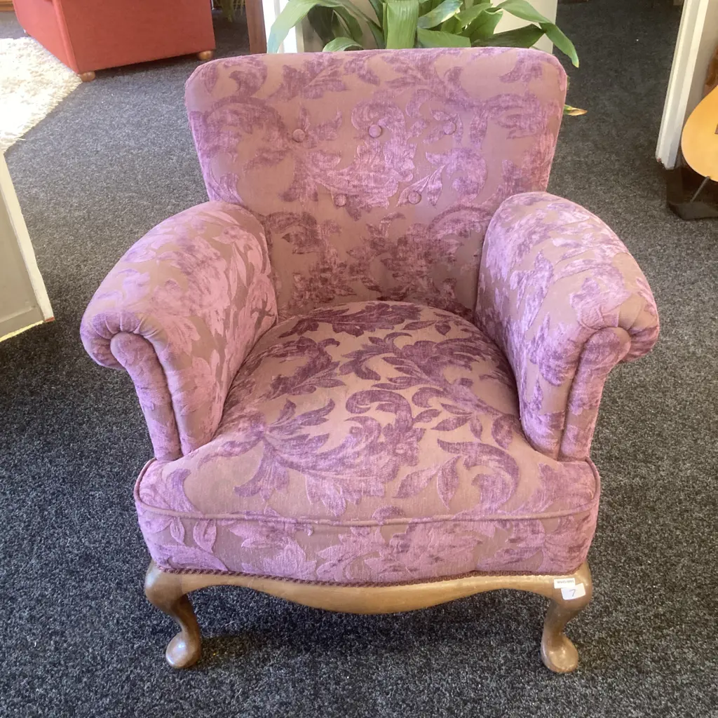 Vintage Armchair. Curved Button Back With Embossed Purple Fabric, Cabriole Legs Image 1++