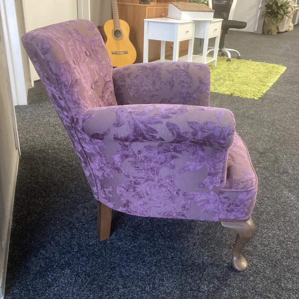 Vintage Armchair. Curved Button Back With Embossed Purple Fabric, Cabriole Legs Image 1++