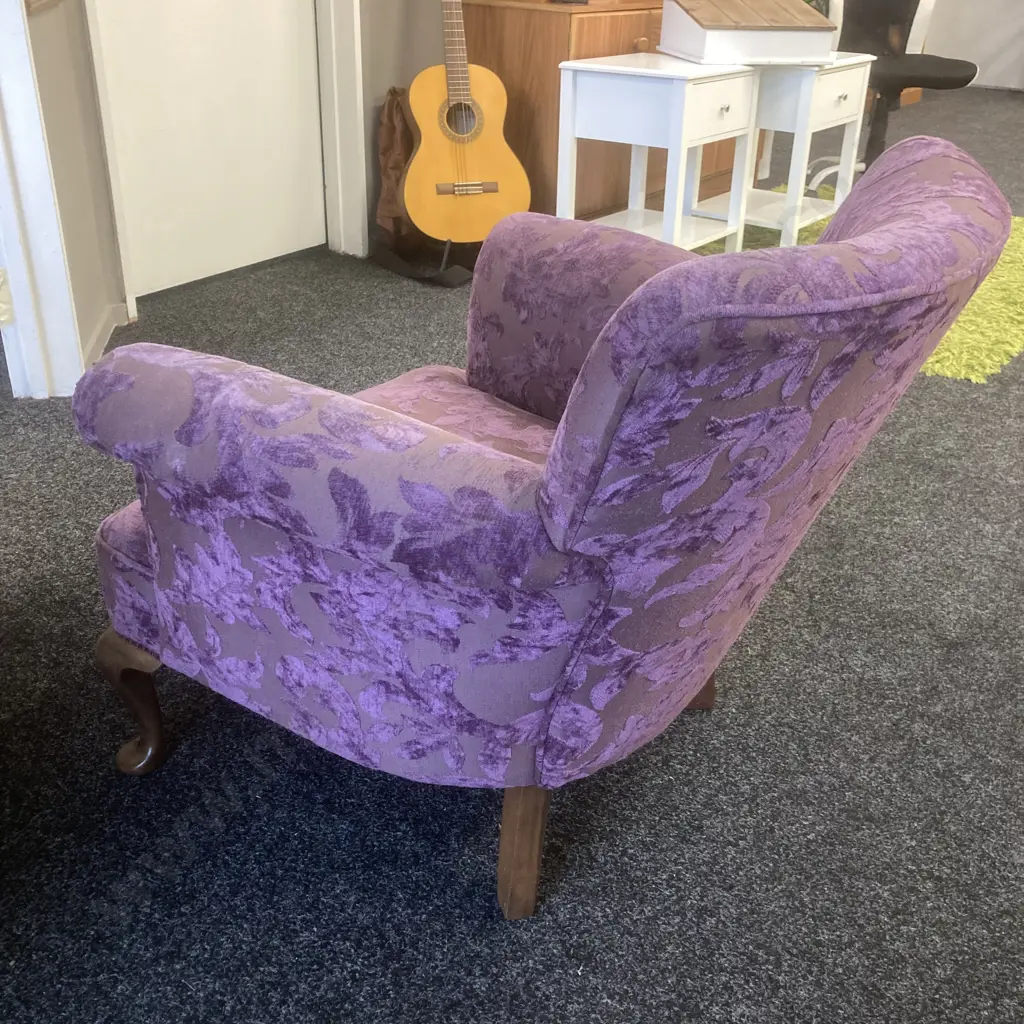 Vintage Armchair. Curved Button Back With Embossed Purple Fabric, Cabriole Legs Image 1++