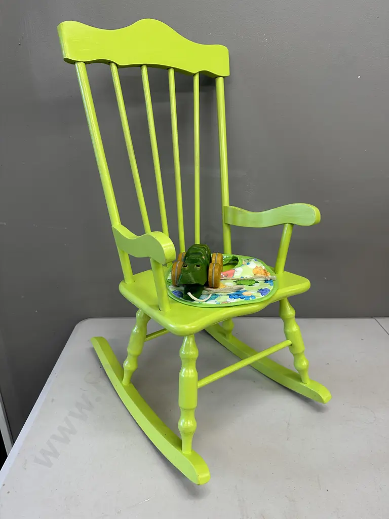 Lime Green Childs Rocking Chair With Toy Alligator & Bib Image 1++