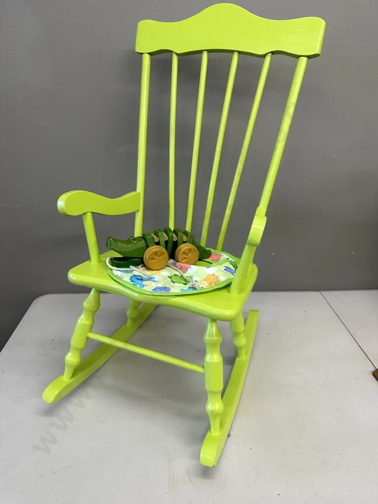 Lime Green Childs Rocking Chair With Toy Alligator & Bib Image 1++