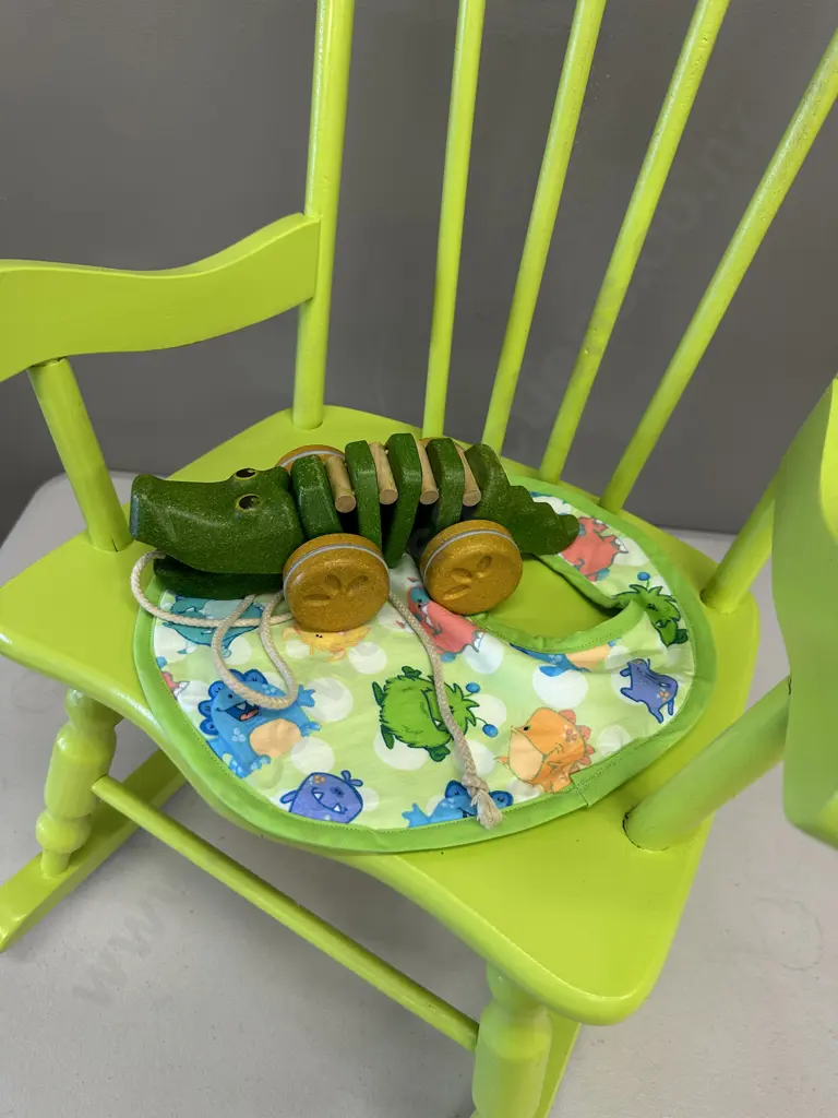 Lime Green Childs Rocking Chair With Toy Alligator & Bib Image 1++