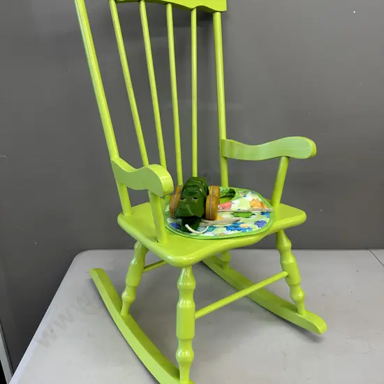 Lime Green Childs Rocking Chair With Toy Alligator & Bib
