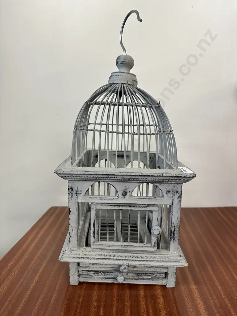 Vintage Grey Wooden & Wire Woven Birdcage, 42cm Image 1++