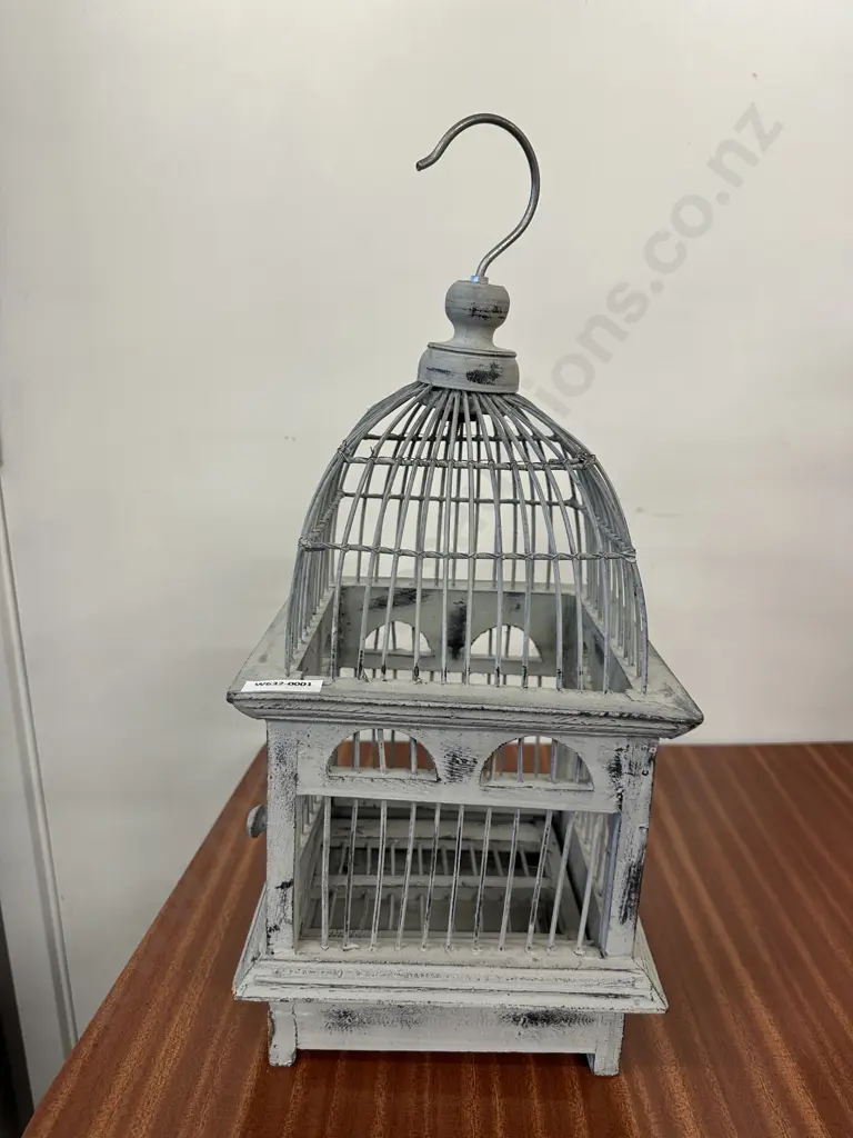 Vintage Grey Wooden & Wire Woven Birdcage, 42cm Image 1++