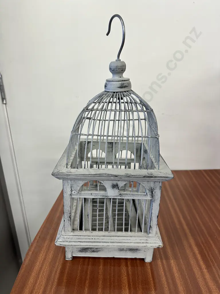 Vintage Grey Wooden & Wire Woven Birdcage, 42cm Image 1++