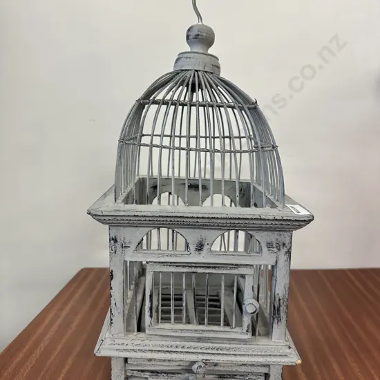 Vintage Grey Wooden & Wire Woven Birdcage, 42cm