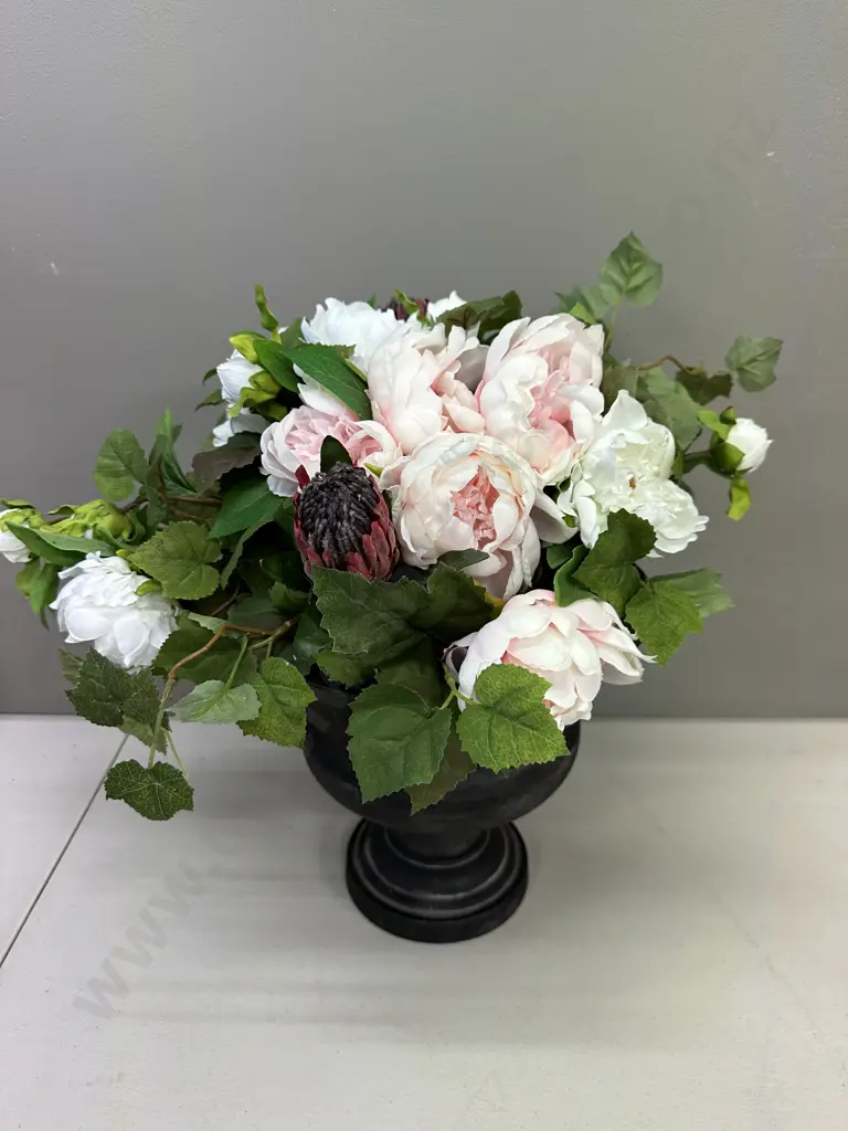 Metal Decorative Urn With Faux Flowers, H42cm Image 1++