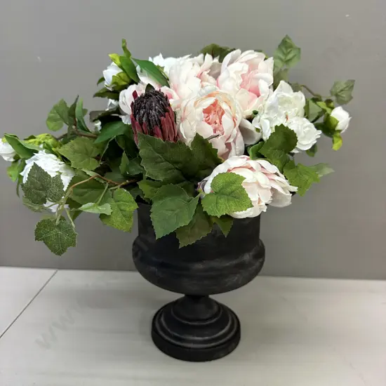 Metal Decorative Urn With Faux Flowers, H42cm