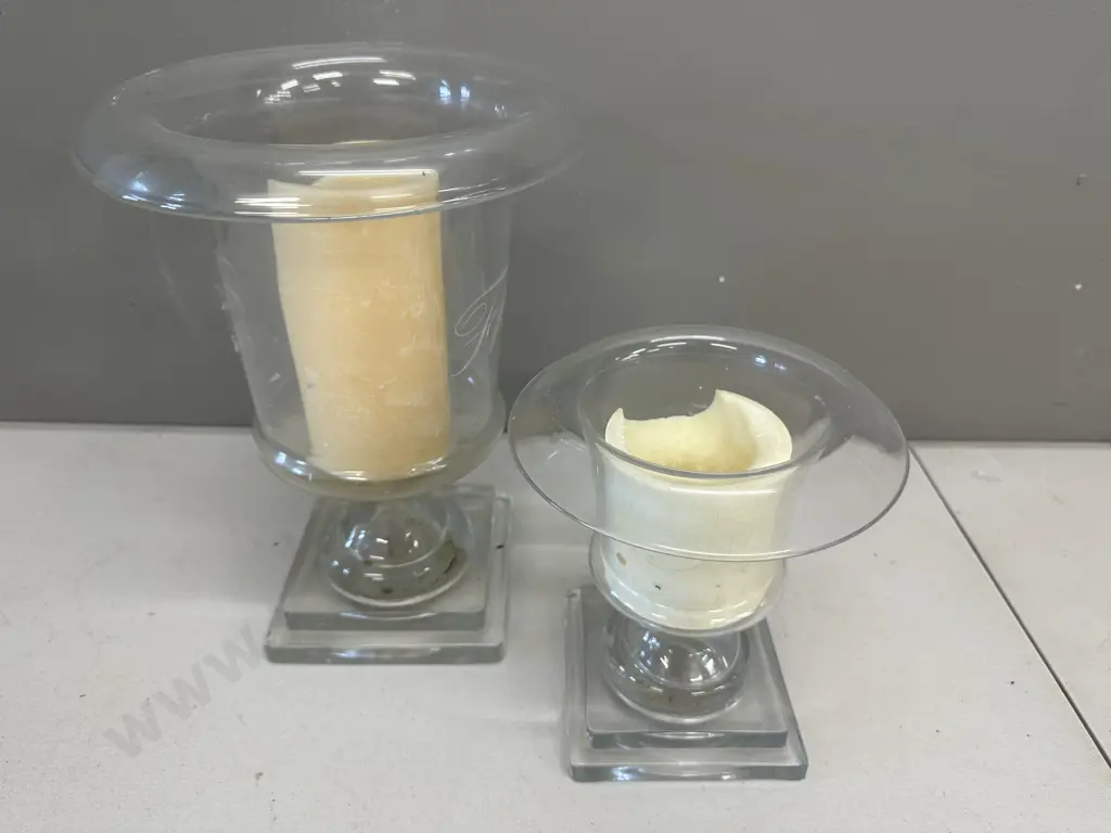 Pair of Modern Glass Footed Candle Holders, H19 & 28cm Image 1++