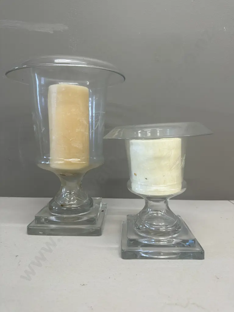 Pair of Modern Glass Footed Candle Holders, H19 & 28cm Image 1++