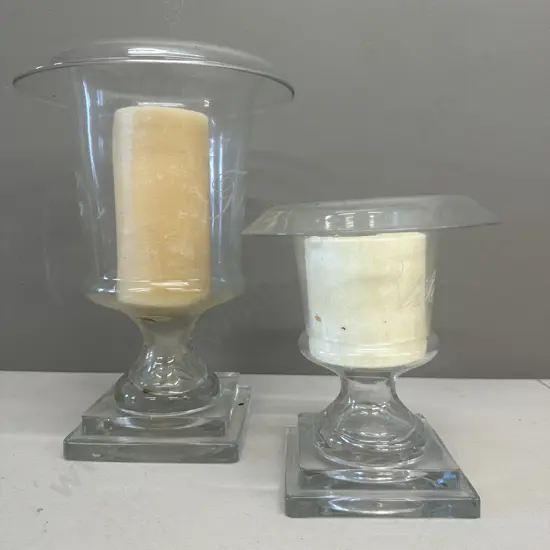 Pair of Modern Glass Footed Candle Holders, H19 & 28cm