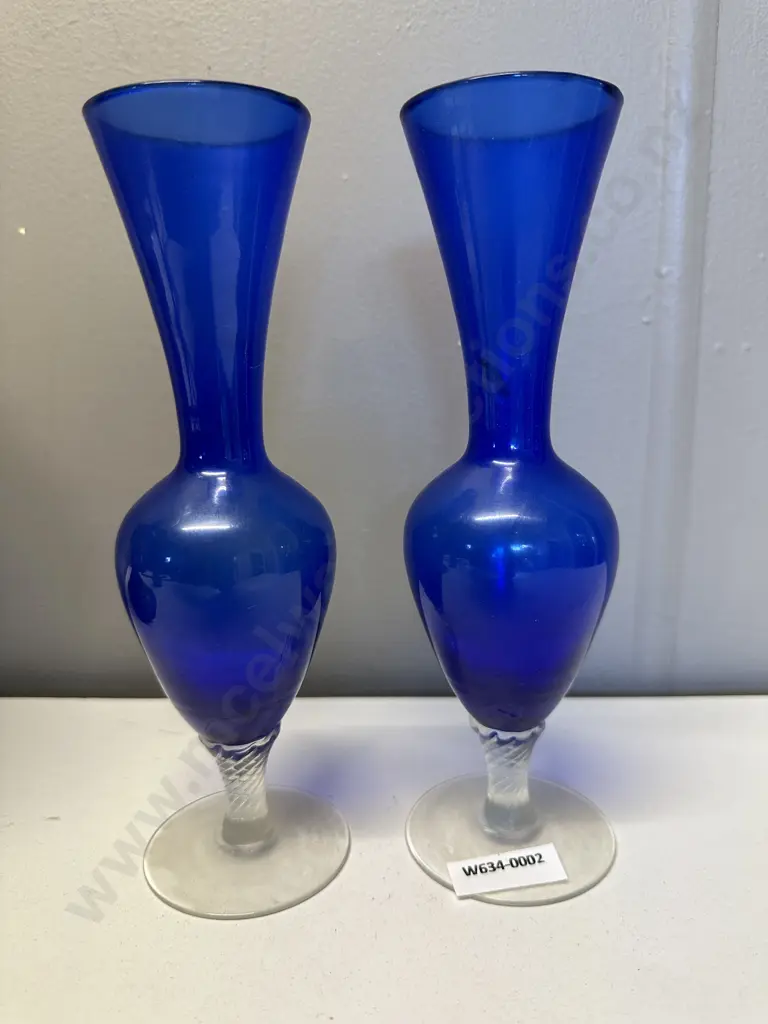 Pair of Vintage Cobalt Blue Glass Vases With Clear Stem, H20.5cm (Donated) Image 1++